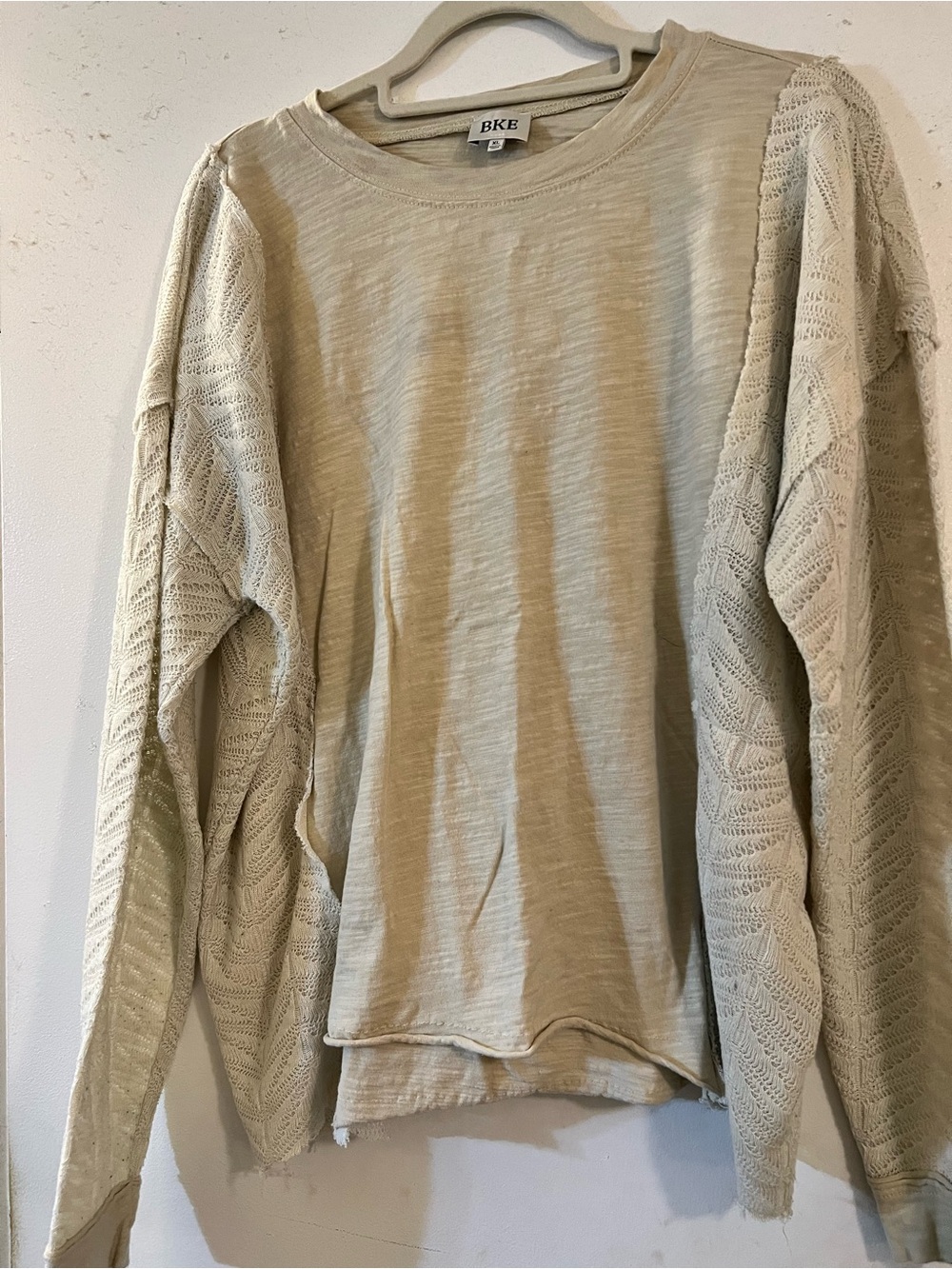 BKE Women’s Light Beige Crewneck Sweater with Knit Sleeves